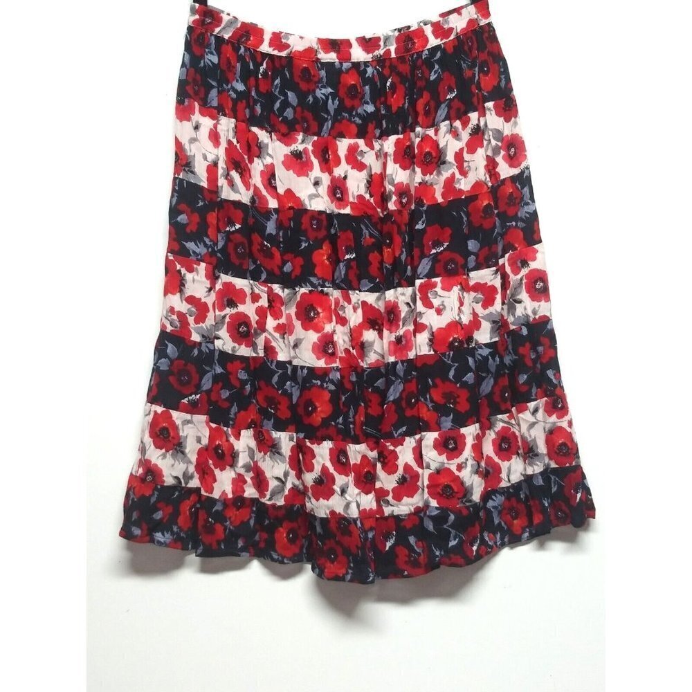 Requirements Skirt tiered peasant Midi Crinkle Sz M red black floral PULL-ON EUC